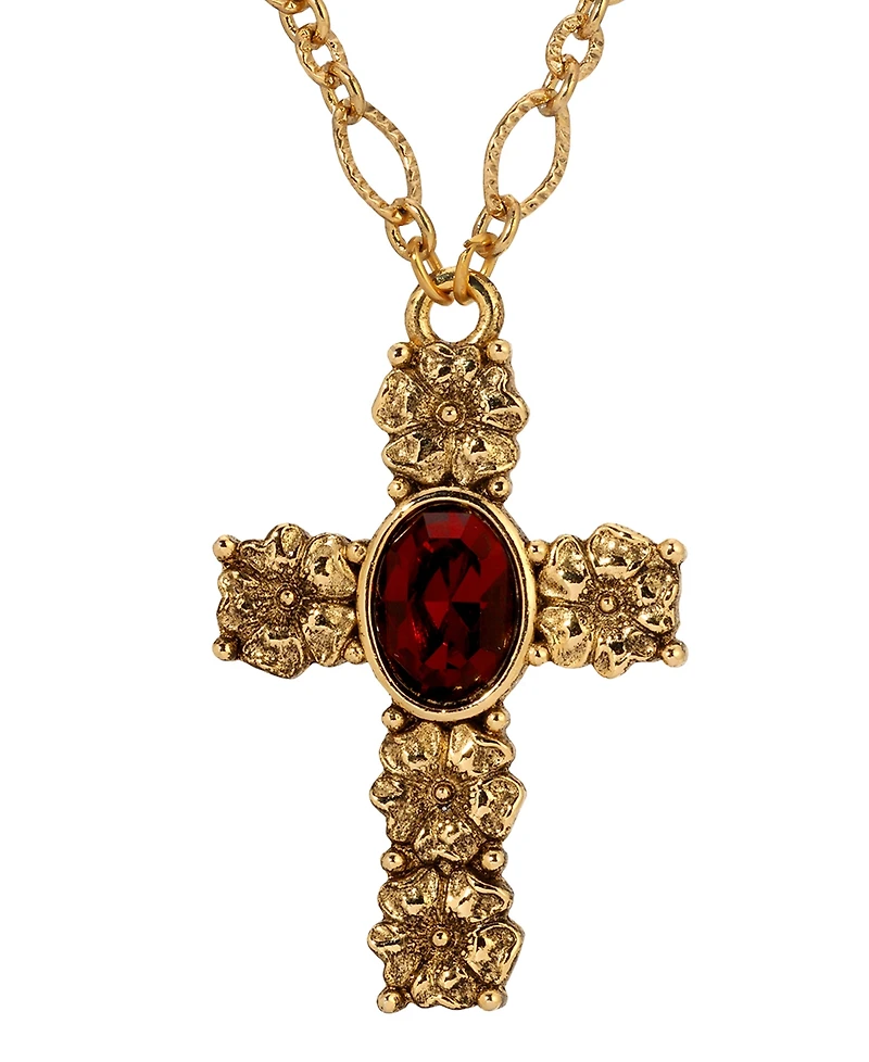 Symbols of Faith Gold-Tone Cross Garnet Oval Stone 28" Necklace