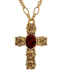 Symbols of Faith Gold-Tone Cross Garnet Oval Stone 28" Necklace