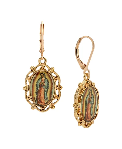 Symbols of Faith Gold Tone Our Lady of Guadalupe Decal Oval Leverback Earrings