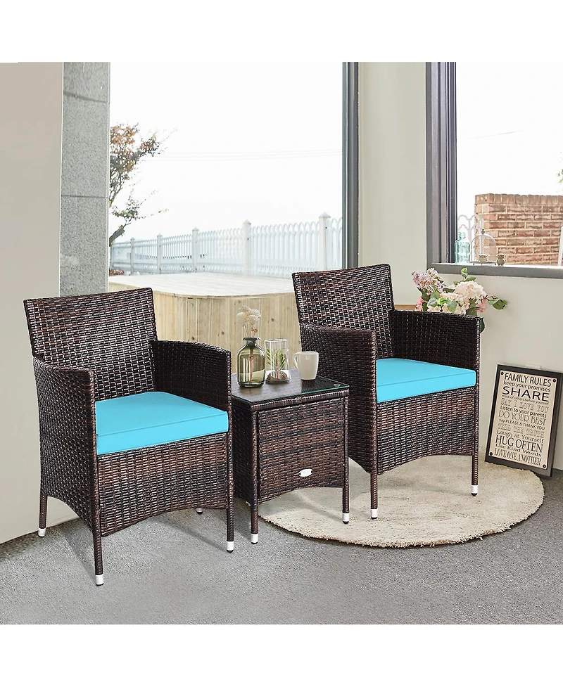 Gymax 3PCS Patio Rattan Chair & Table Furniture Set Outdoor w/ Beige Cushion