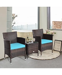 Gymax 3PCS Patio Rattan Chair & Table Furniture Set Outdoor w/ Beige Cushion
