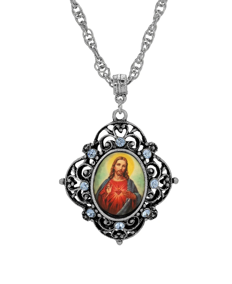Symbols of Faith Silver-Tone Oval Decal Jesus Pendant 18" Necklace