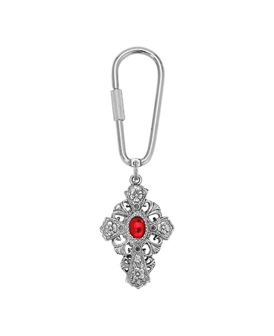 Symbols of Faith Silver Tone Cross Oval Red Stone Key Chain