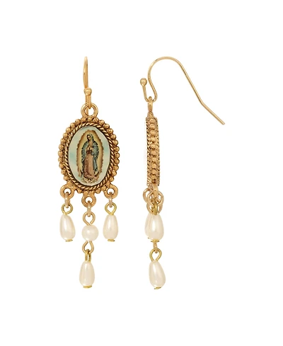 Symbols of Faith Gold Tone Our Lady of Guadalupe Faux Pearl Drops Hand Enamel Wire Earrings