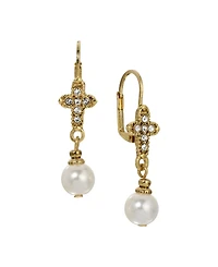 Symbols of Faith Gold Tone Crystal Cross With Faux Pearl Drop Leverback Earrings