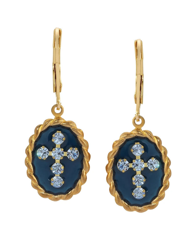 Symbols of Faith 14K Gold Dipped Blue Enamel Lt Sapphire Crystals Cross Leverback Earrings