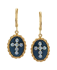 Symbols of Faith 14K Gold Dipped Blue Enamel Lt Sapphire Crystals Cross Leverback Earrings
