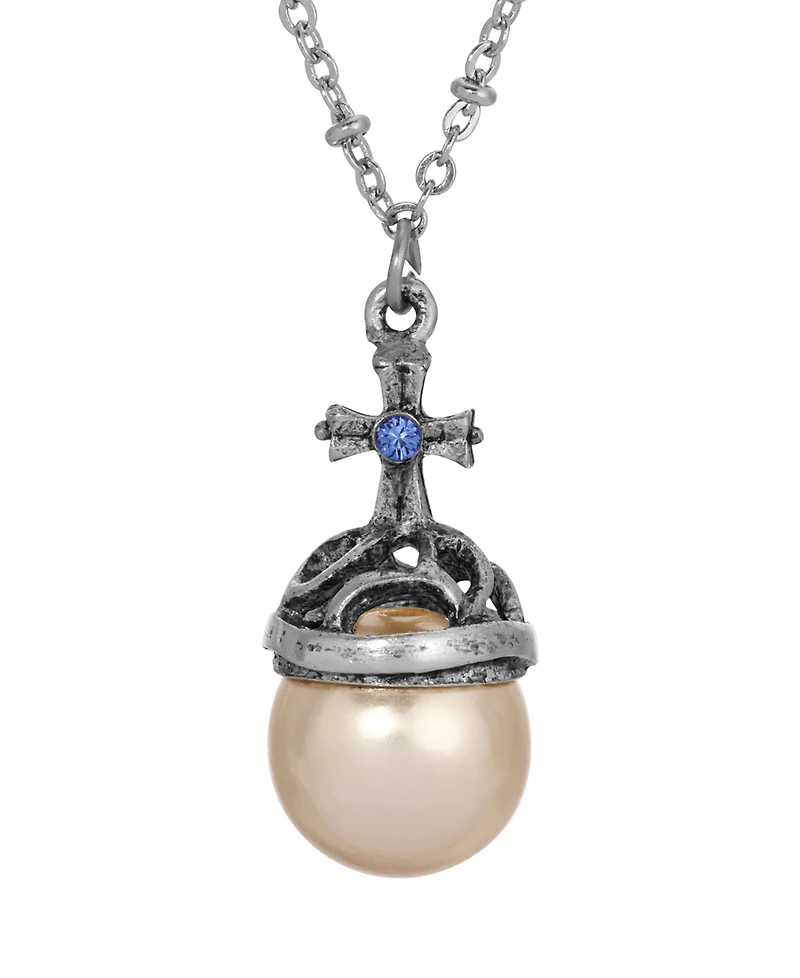 Symbols of Faith Silver-Tone Imitation Pearl Stone Blue Crystal Cross 16" Necklace