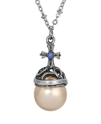 Symbols of Faith Silver-Tone Imitation Pearl Stone Blue Crystal Cross 16" Necklace