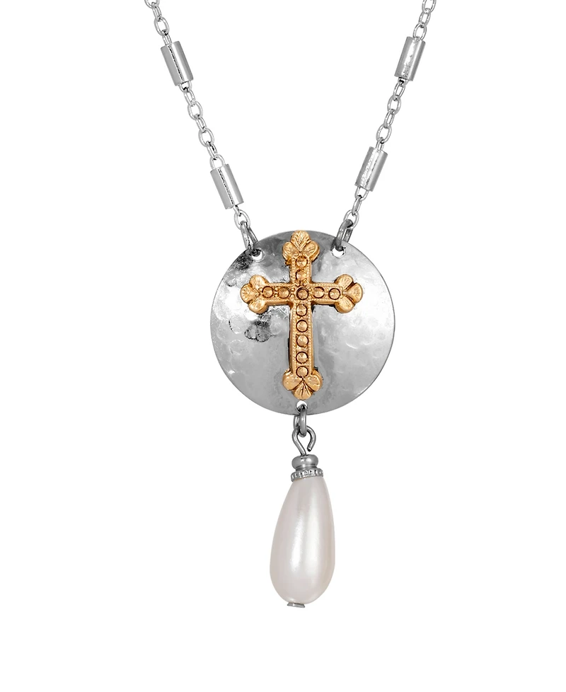 Symbols of Faith Silver-Tone 14k Gold Dipped Cross Drop Imitation Pearl 16"+3" Necklace