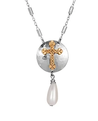 Symbols of Faith Silver-Tone 14k Gold Dipped Cross Drop Imitation Pearl 16"+3" Necklace