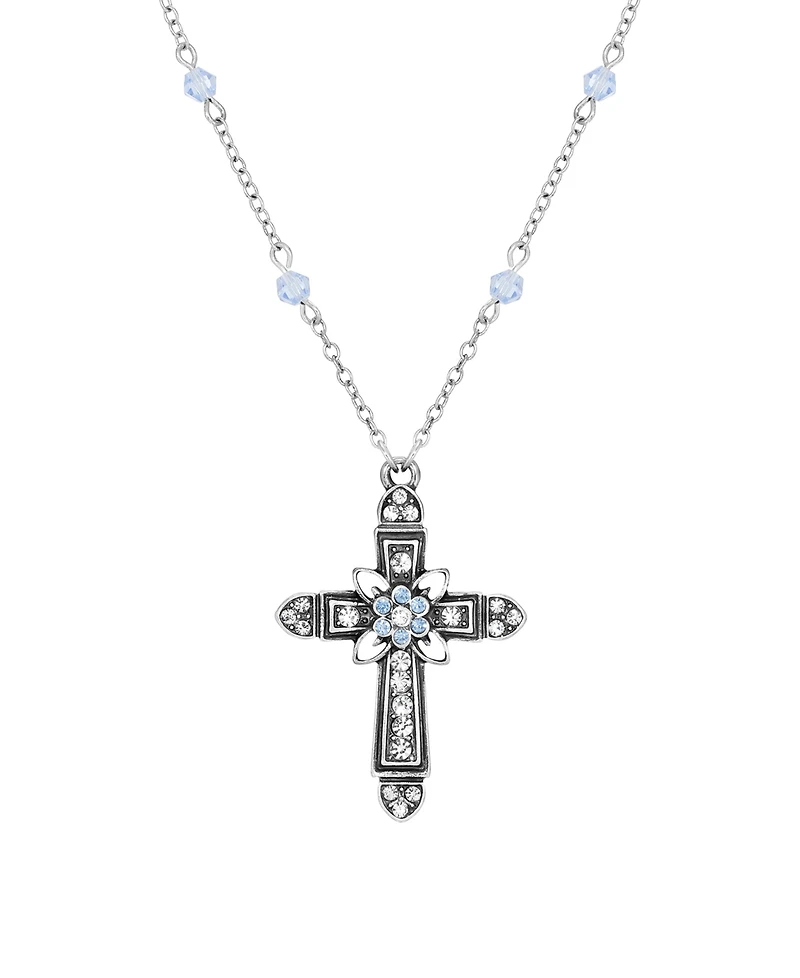 Symbols of Faith Silver-Tone Cross Center Flower Clear Sapphire Crystals 16" + 3" Necklace