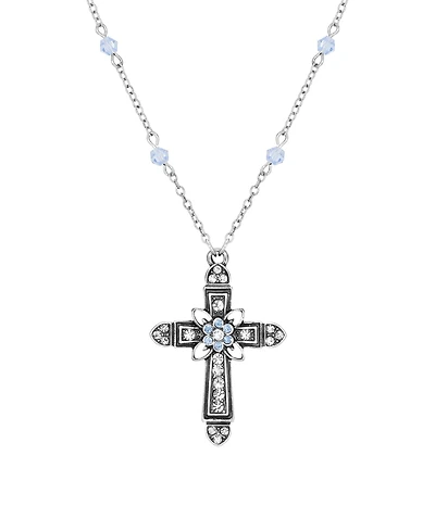 Symbols of Faith Silver-Tone Cross Center Flower Clear Sapphire Crystals 16" + 3" Necklace