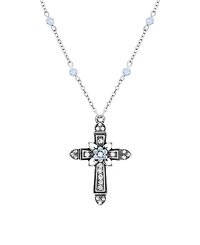 Symbols of Faith Silver-Tone Cross Center Flower Clear Sapphire Crystals 16" + 3" Necklace