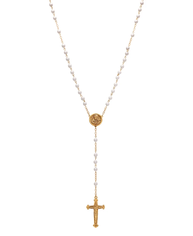 Symbols of Faith Gold-Tone White Bead Virgin Mary Locket Rosary