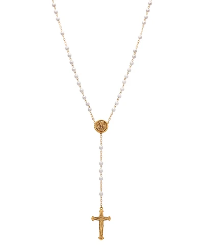Symbols of Faith Gold-Tone White Bead Virgin Mary Locket Rosary