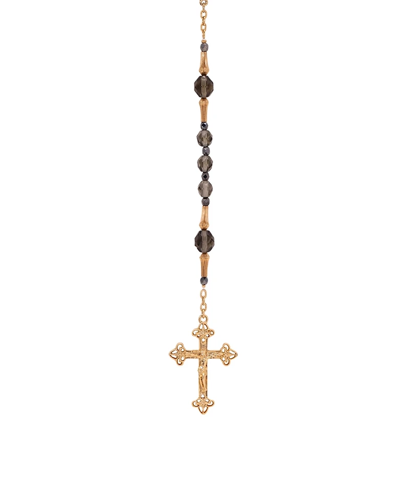 Symbols of Faith Gold Tone Black Diamond Bead Virgin Mary Crucifix Rosary Necklace