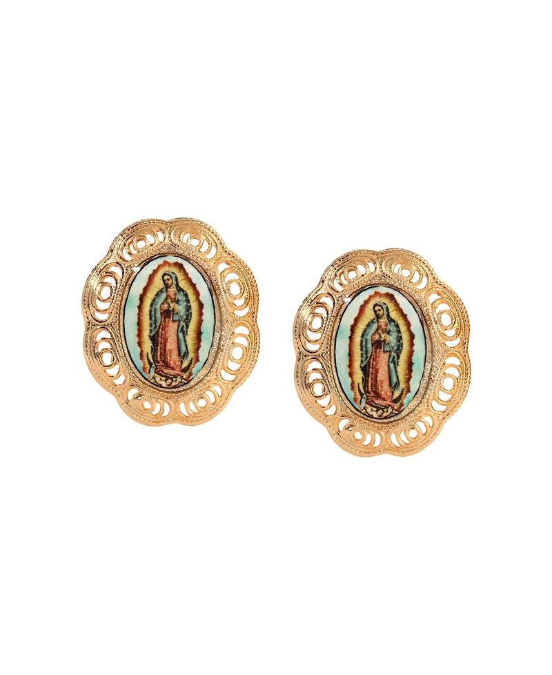 Symbols of Faith Gold Tone Oval Our Lady of Guadalupe Decal Clip Earrings