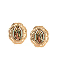 Symbols of Faith Gold Tone Oval Our Lady of Guadalupe Decal Clip Earrings