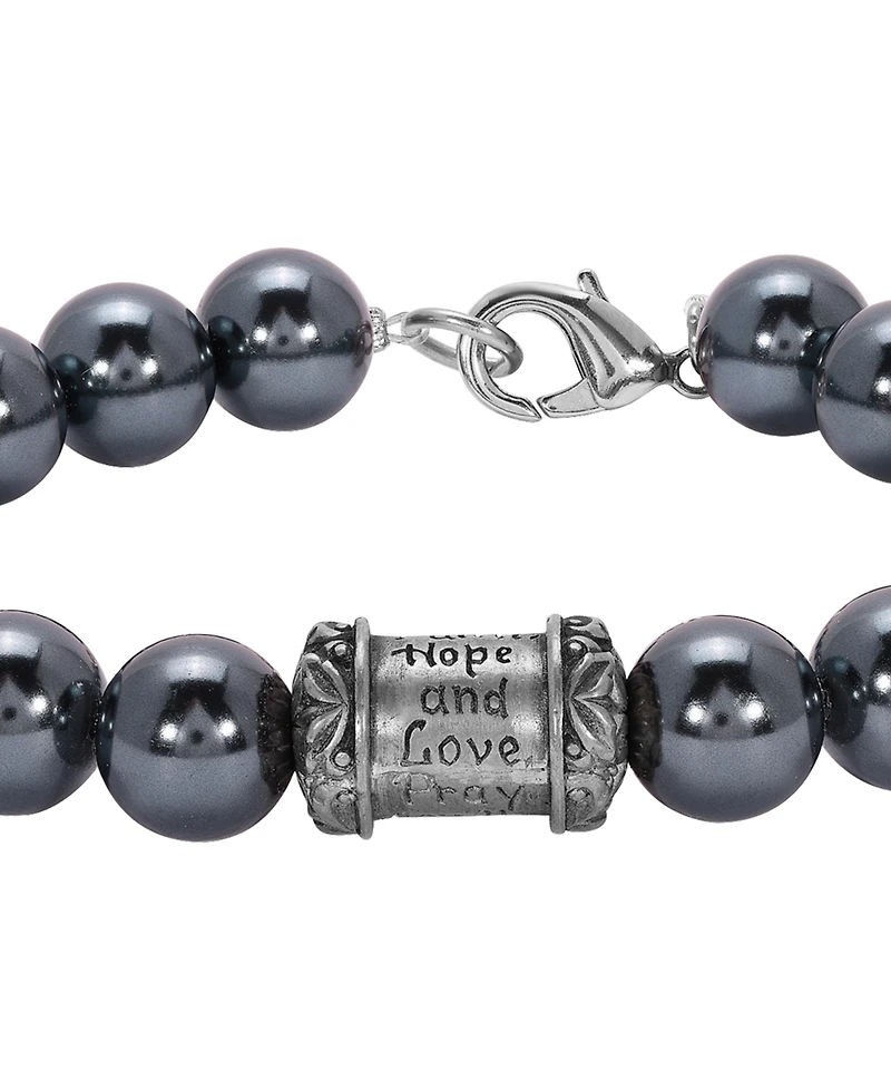 Symbols of Faith Silver-Tone Glass Black Imitation Pearl Prayer Bead Bracelet
