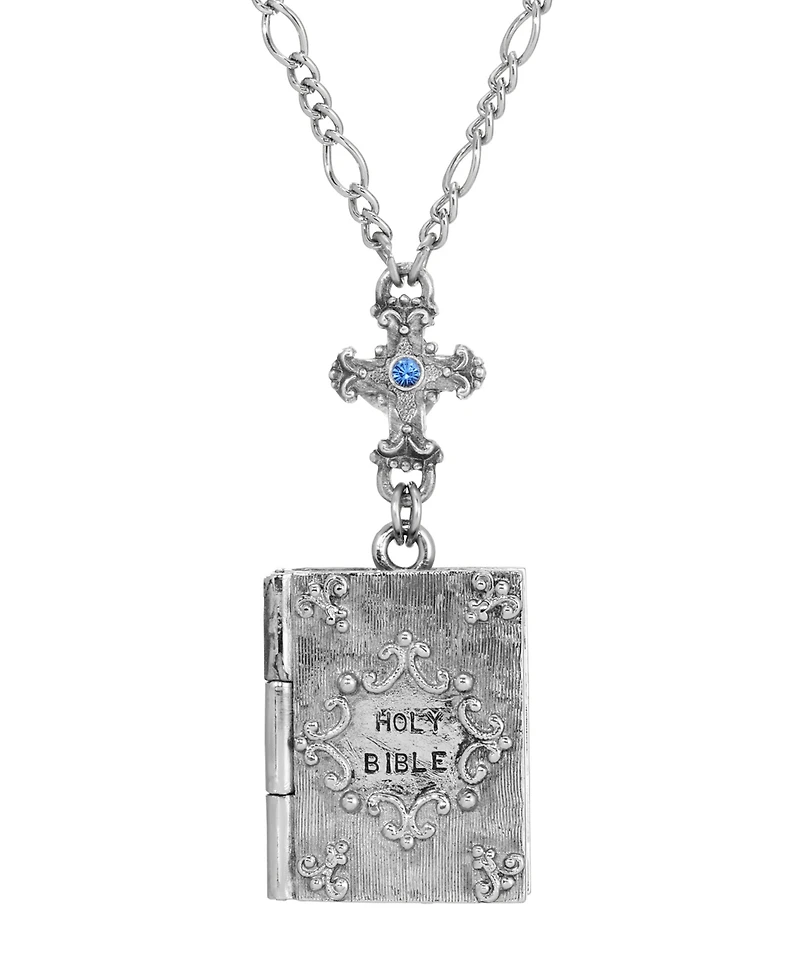 Symbols of Faith Silver Tone Cross Blue Sapphire Stone Bible Locket Holy Family 28" Necklace