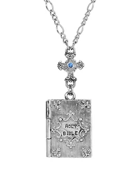 Symbols of Faith Silver Tone Cross Blue Sapphire Stone Bible Locket Holy Family 28" Necklace