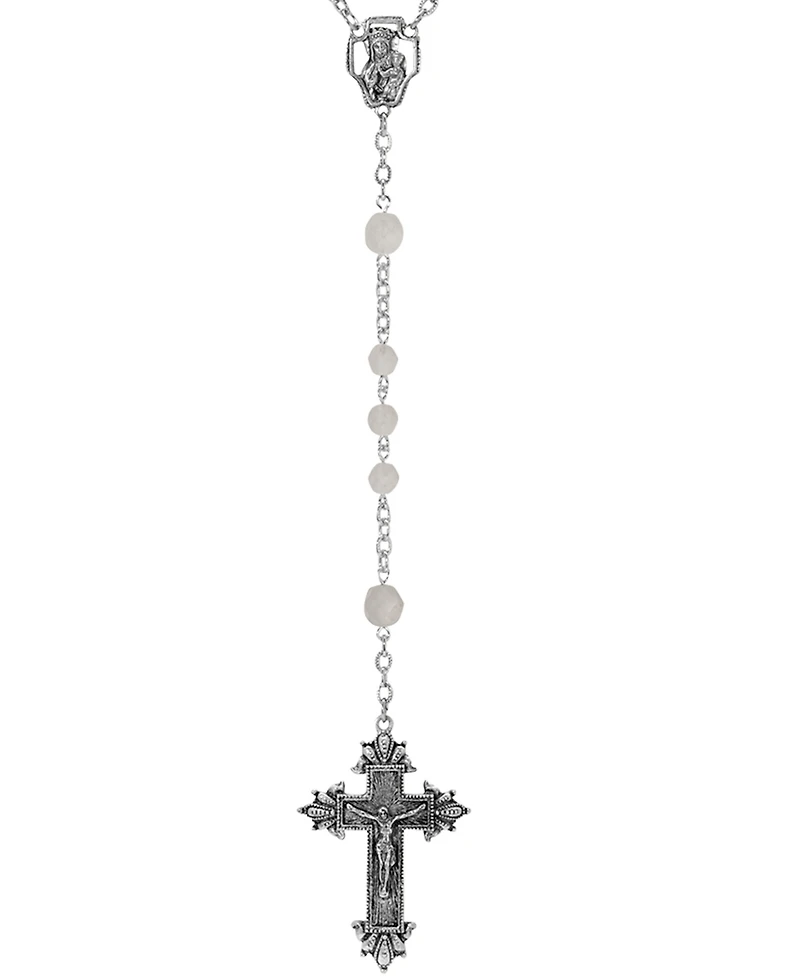 Symbols of Faith Silver-Tone Frosted Beaded Crucifix Rosary Necklace