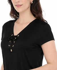 White Mark Women's V-Neck Front-Tie Pullover Top