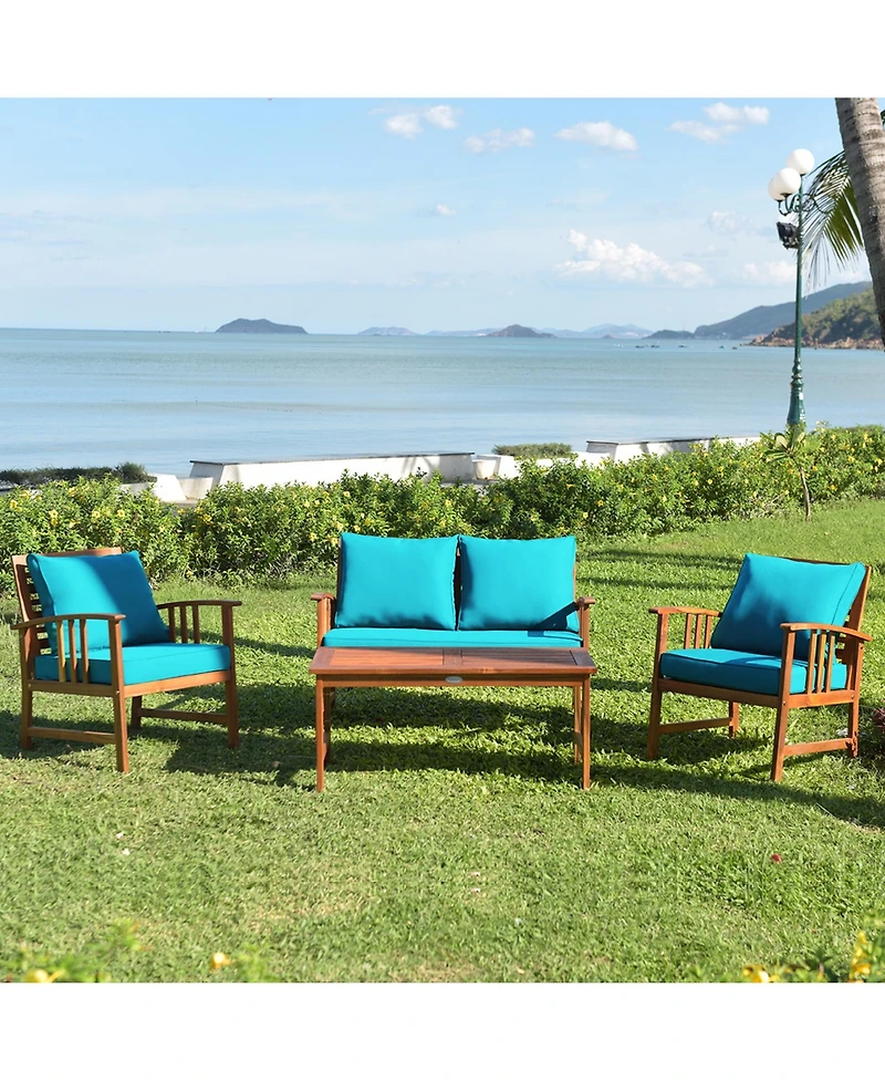 Gymax 8pcs Wooden Patio Furniture Set Table and Sectional Sofa w/ Turquoise Cushion