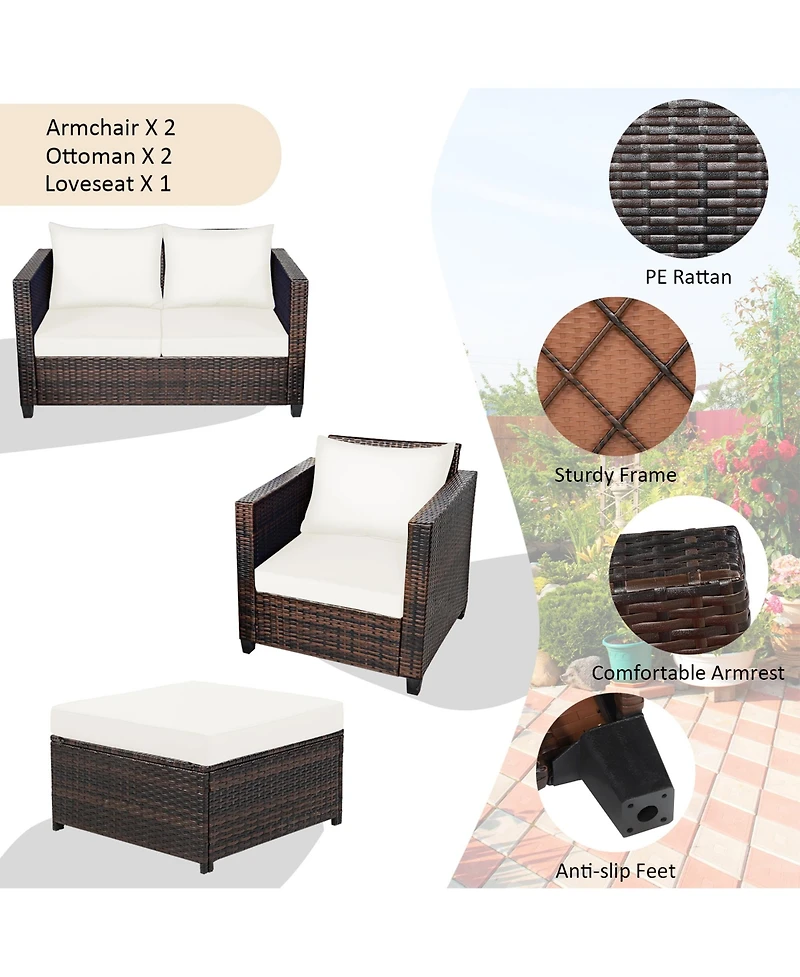 Gymax 5PCS Outdoor Patio Rattan Conversation Sofa Furniture Set