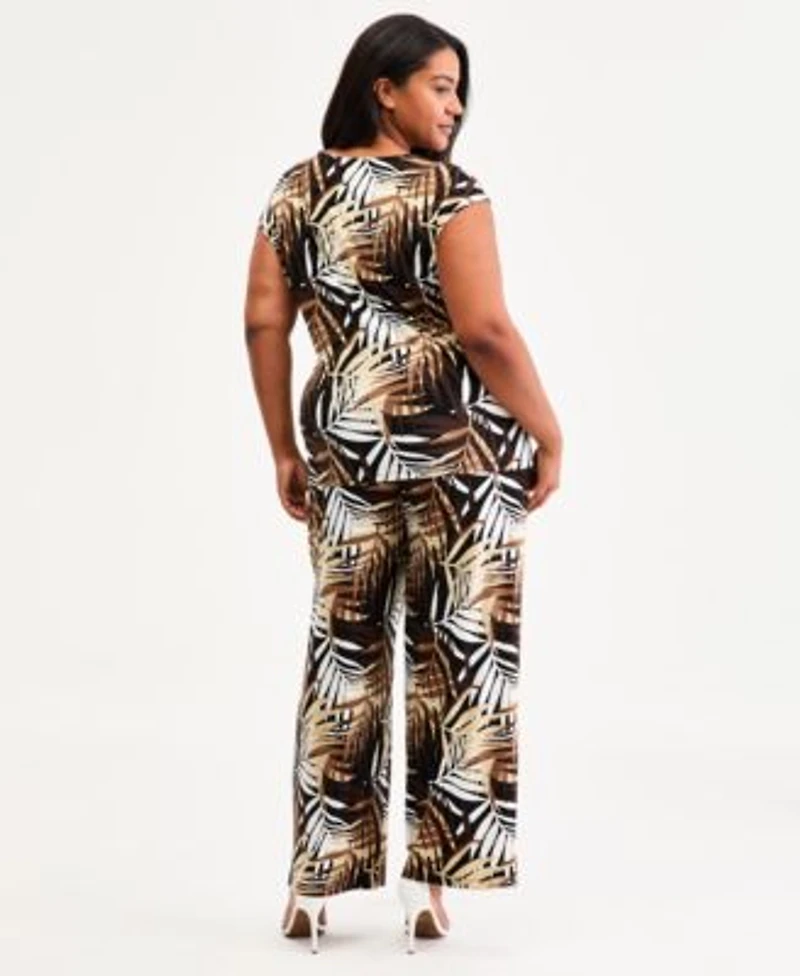 Anne Klein Plus Size Extended Shoulder Side Tie Top High Rise Pull On Wide Leg Pants