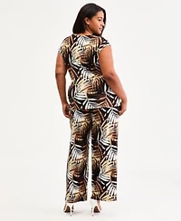 Anne Klein Plus Size Extended Shoulder Side Tie Top High Rise Pull On Wide Leg Pants