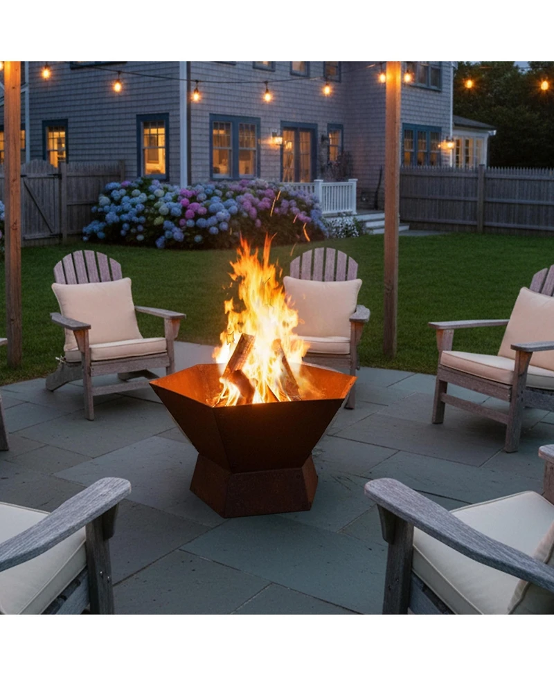 Outdoor Camping or Backyard Hexagon Rustic Affinity Fire Pit Bowl on Pedestal Stand - 23" - Oxidized Rust