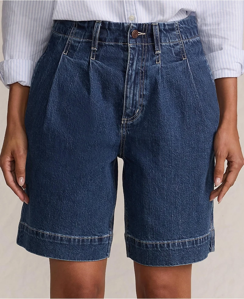 Lands' End Women's Soft Denim High Rise 7" Pleated Trouser Shorts