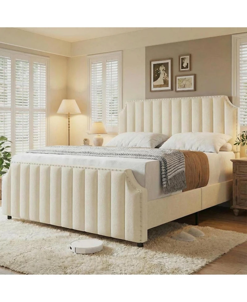 gaomon Queen Bed Frame with 52" Tall Headboard and Footboard, Upholstered Platform with Wood Slats