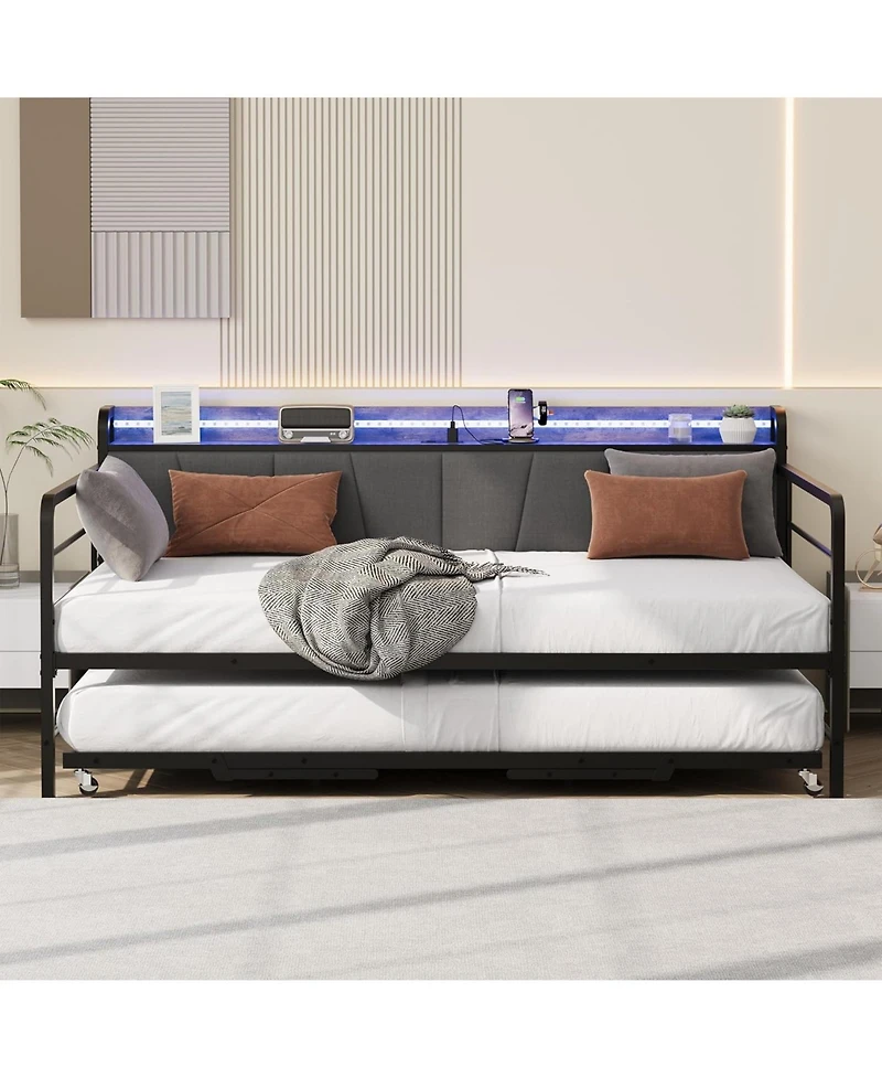 gaomon Twin Daybed with Trundle and Led Lights, Metal Frame with Upholstered Headboard and Charging Station
