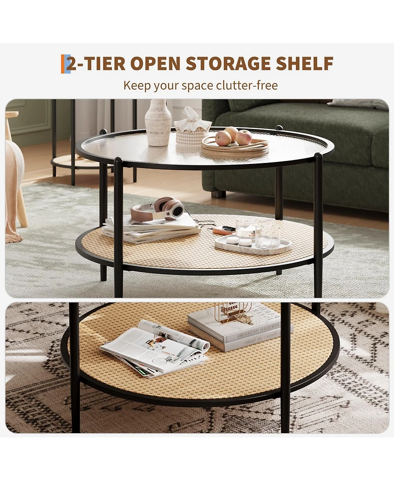 gaomon 30" 2-Tier Rattan Coffee Table with Water-Wave Glass