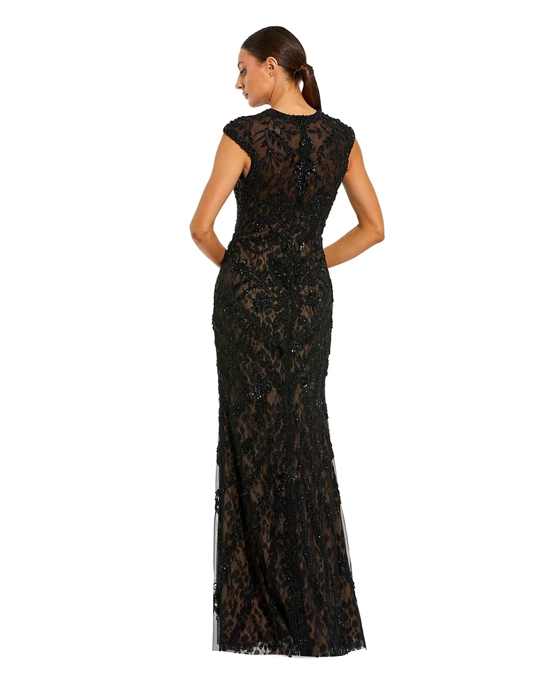 Mac Duggal Women's Beaded Lace Mesh High-Neck Sleeveless Column Gown
