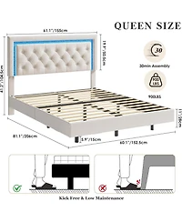 gaomon Queen Floating Bed Frame with Led Lights, Upholstered Platform with Diamond Headboard, Wood Slats Support