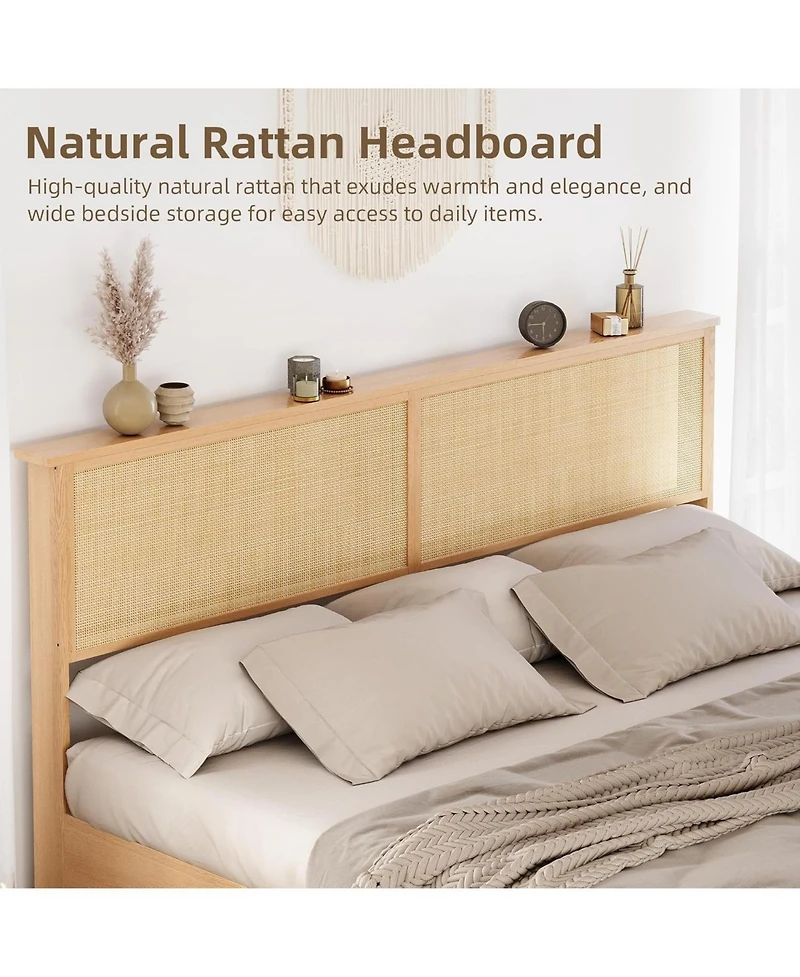 gaomon Rattan King Size Bed Frame with Sliding Barn Door Storage Cabinets and Led Light Headboard, Boho Farmhouse Wood Platform Bed with Solid
