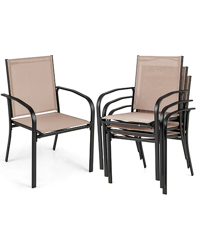 Gymax Outdoor Dining Chairs Set of 4 with Breathable Fabric Armrests High Back