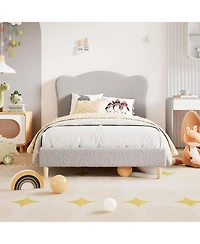 gaomon Twin Xl Upholstered Bed Frame with Scalloped Headboard, Soft Sherpa Fabric Platform