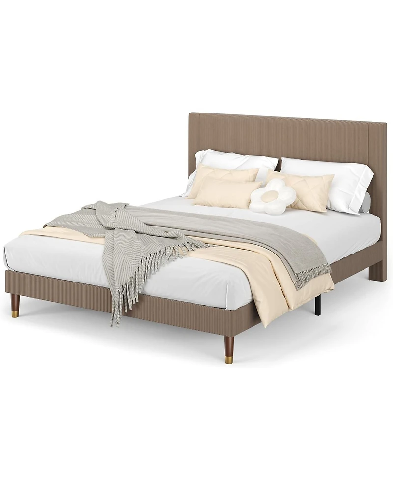 gaomon Queen Upholstered Bed Frame with Headboard, Corduroy Platform with Wood Slats Support