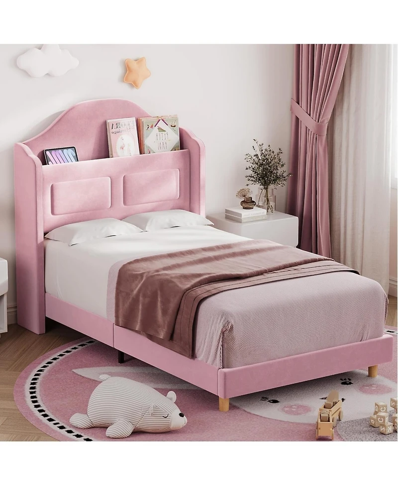 gaomon Twin Velvet Princess Bed Frame with Wingback and Led Bookcase Headboard, Kids Design