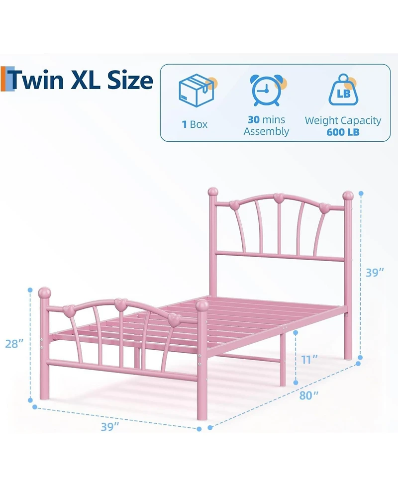 gaomon Twin Xl Metal Bed Frame with Heart Headboard and Footboard, Heavy-Duty Platform
