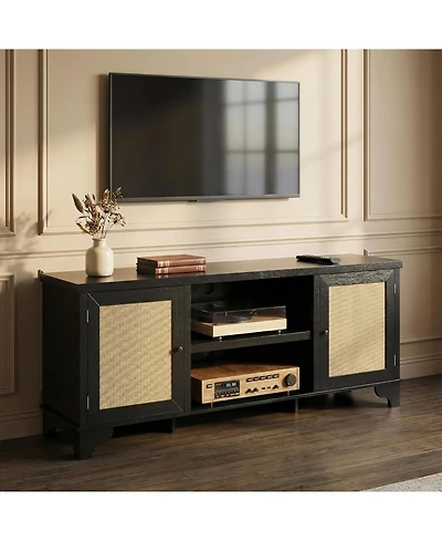 gaomon Rattan Tv Stand for TVs Up to 65 Inches, Boho Entertainment Center Cabinet with Open Shelf, Media Console Table Living Room, Bedroom