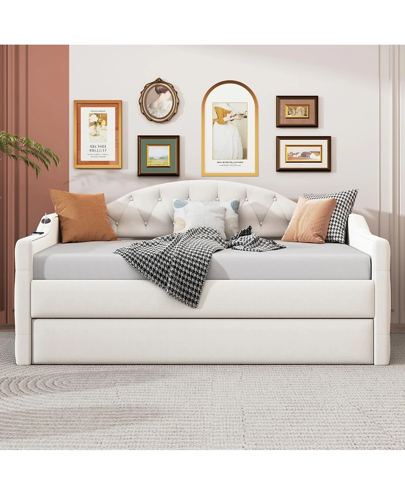 Streamdale Furniture Velvet Twin Daybed w/Trundle and Usb Charging