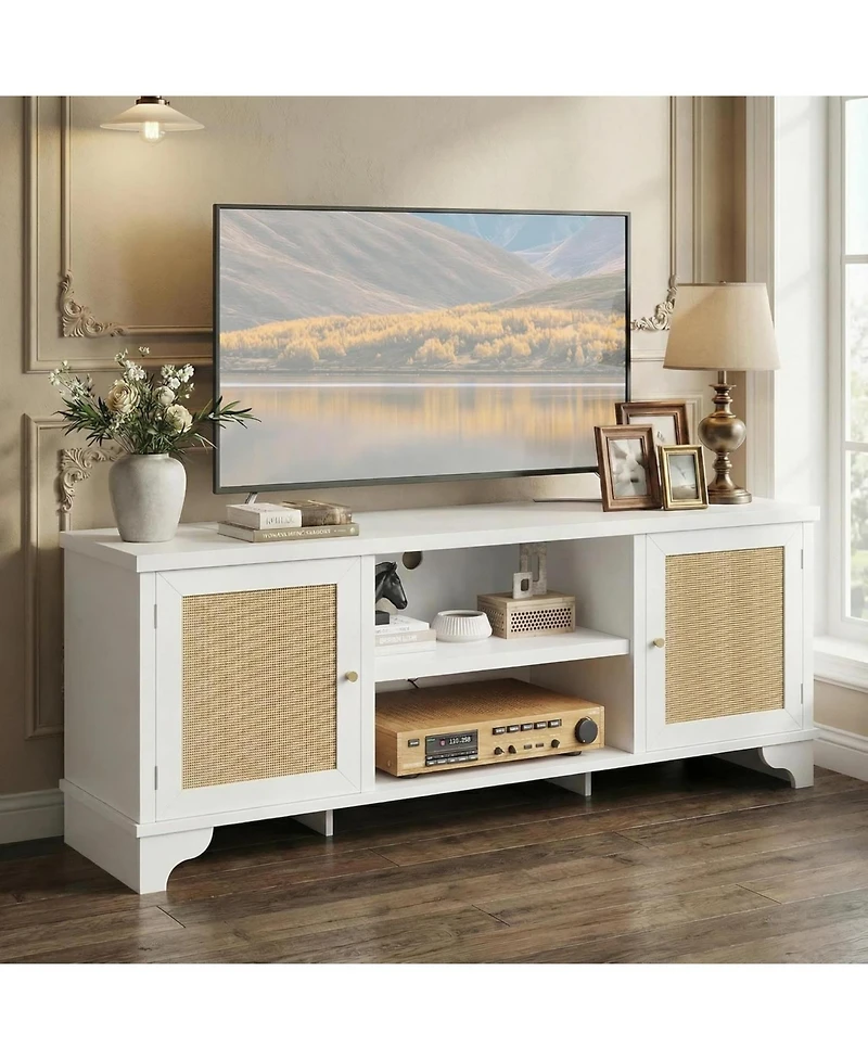gaomon Rattan Tv Stand for TVs Up to 65 Inches, Boho Entertainment Center Cabinet with Open Shelf, Media Console Table Living Room, Bedroom