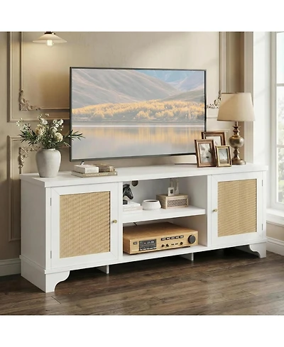 gaomon Rattan Tv Stand for TVs Up to 65 Inches, Boho Entertainment Center Cabinet with Open Shelf, Media Console Table Living Room, Bedroom