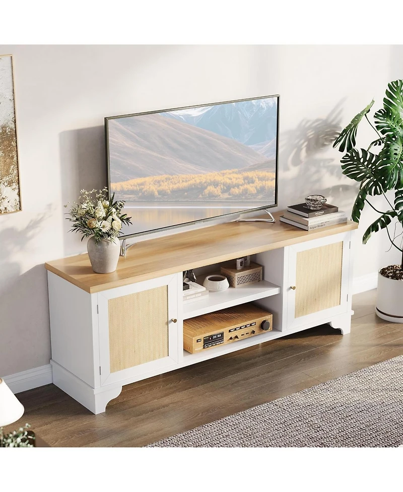 gaomon Rattan Tv Stand for TVs Up to 65 Inches, Boho Entertainment Center Cabinet with Open Shelf, Media Console Table Living Room, Bedroom